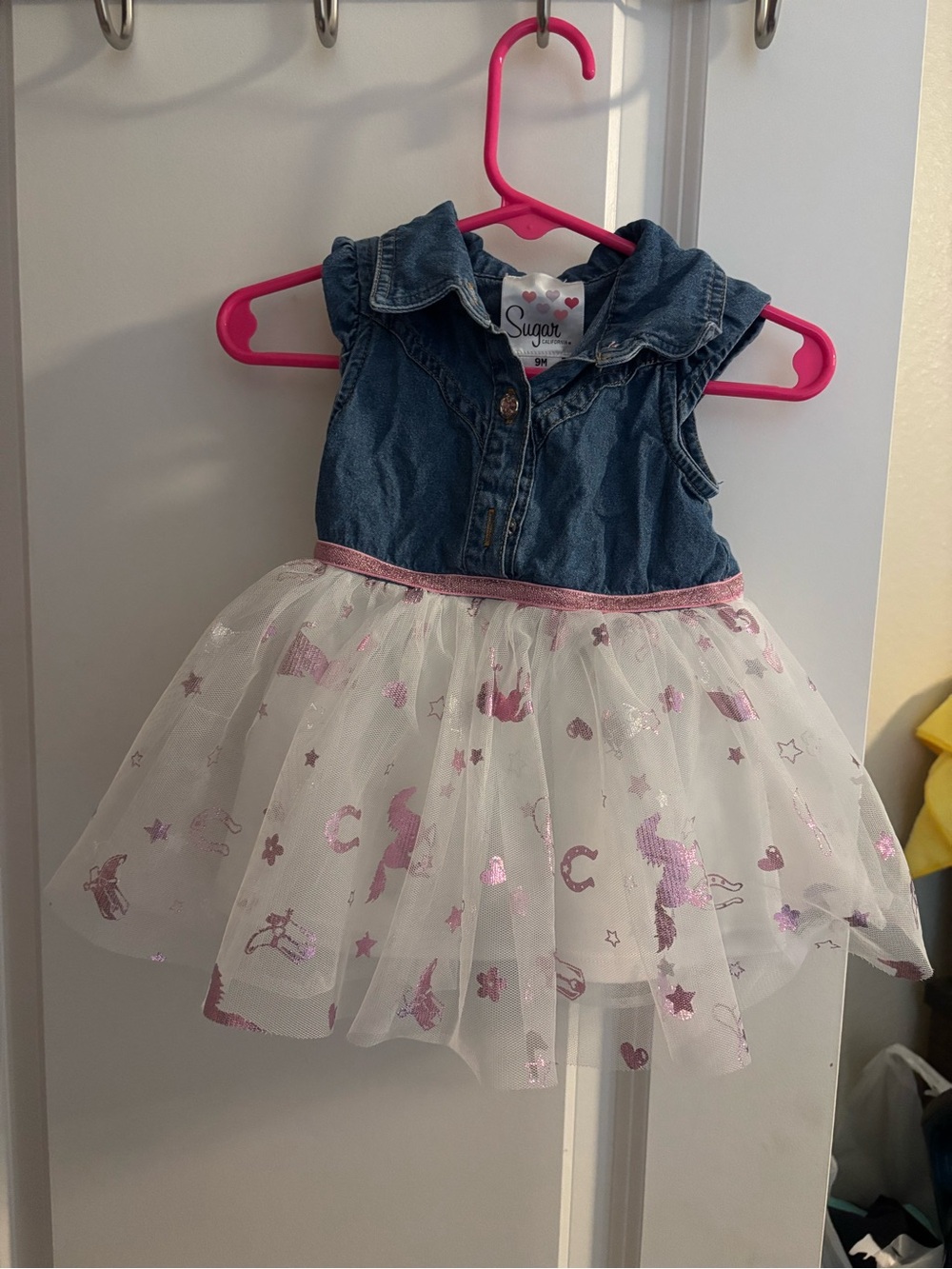 Sugar Denim Bodice Tulle Dress with Pink Unicorn Accents
